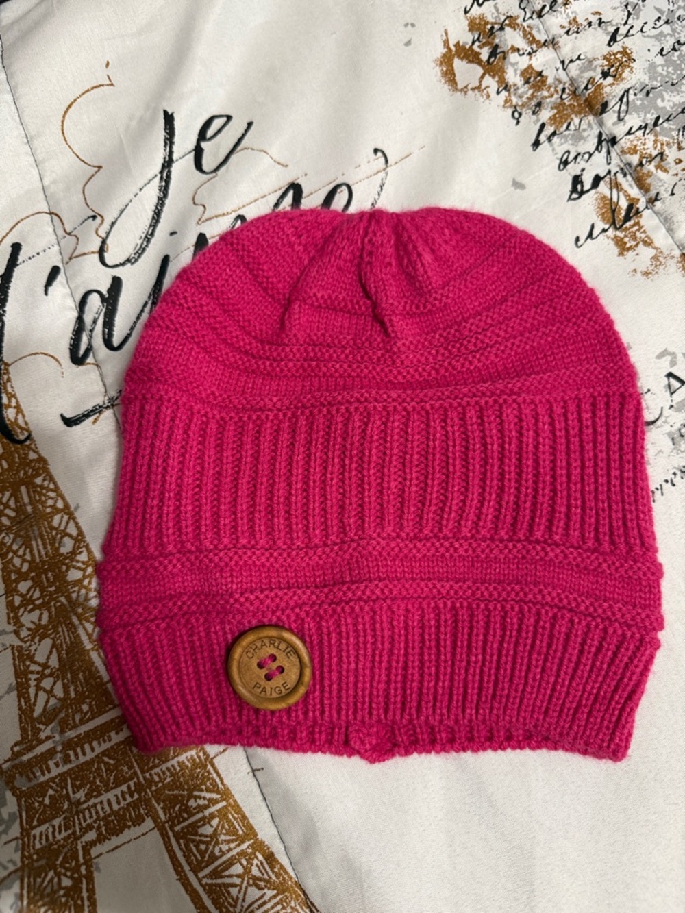 Charlie Paige Bright Pink Ribbed Knit Hat with Wooden Logo